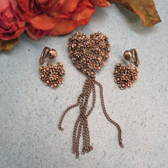 TORTOLANI Heart Brooch Earrings Set~Vintage STERLING Plate Floral Heart Jewelry - Picture 1 of 13